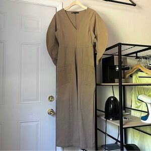 MEG SHOP brown ruched sleeve v neck zip up cropped straight leg jumpsuit